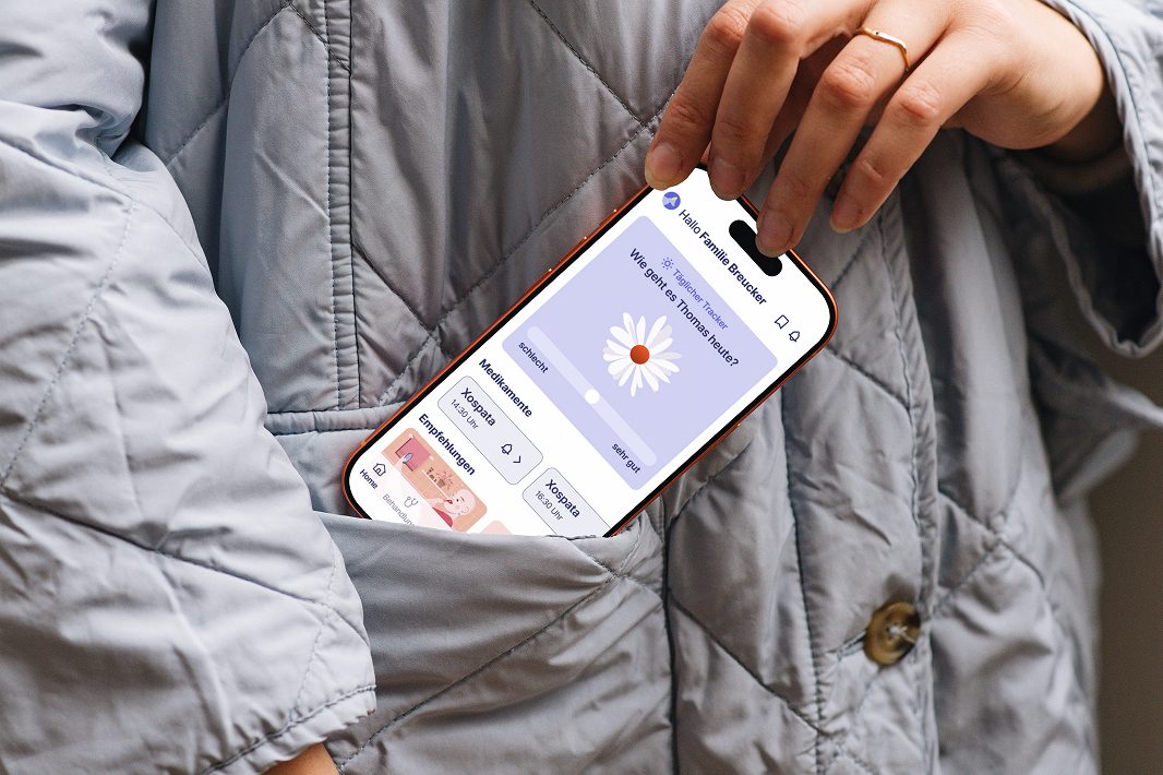 App mockup on a phone in a jacket pocket